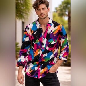 Vintage 1994 Roper Western Shirt Made USA Abstract‎ Paint Print 90s Button Up XL